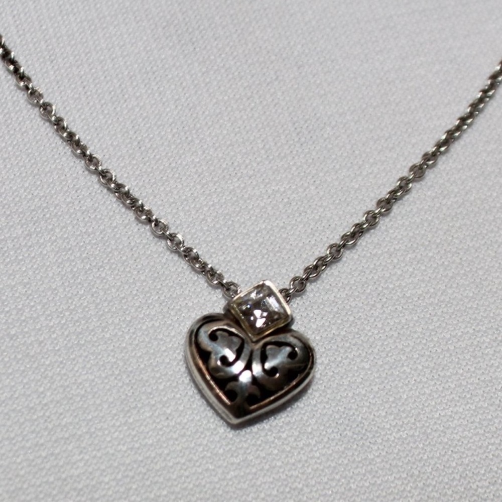 Brighton Silver Mini Puffed Heart Necklace with CZ Stone